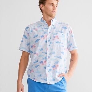 Huk Kona Fish & Flag Fishing Shirt Red White Blue Button Down Size Medium Summer